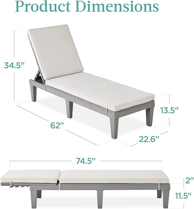 Best Choice Products Outdoor Lounge Chair, Resin Patio Chaise Lounger for Poolside, Backyard, Porch w/Seat Cushion, Adjustable Backrest, 5 Positions, 330lb Capacity - Gray/White Sand
