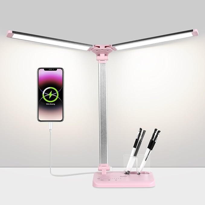 iVict LED Desk Lamp, Adjustable Table Foldable Lamp with USB Charging Port, 25 Lighting Modes, 45-Minute Auto Timer, Dual Swing Arm Desk Light with Pen Holde for Home Office/Study(Pink)