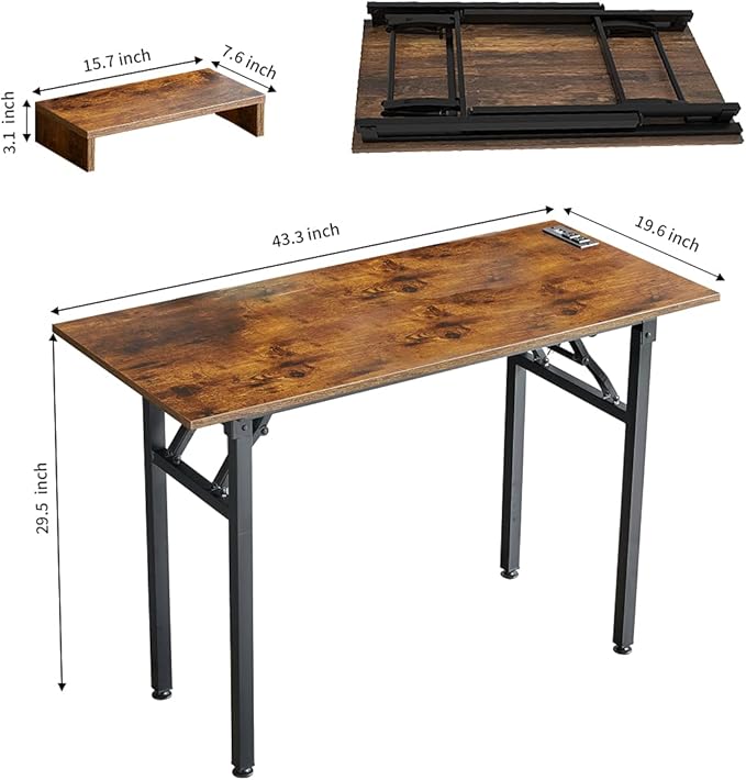 TEMI Computer Desk with Power Outlet and Monitor Shelf Included 43.3" Length Folding Table, Office Desk for Home, No Assembly Desk with Stable Black Frame, Rustic Brown
