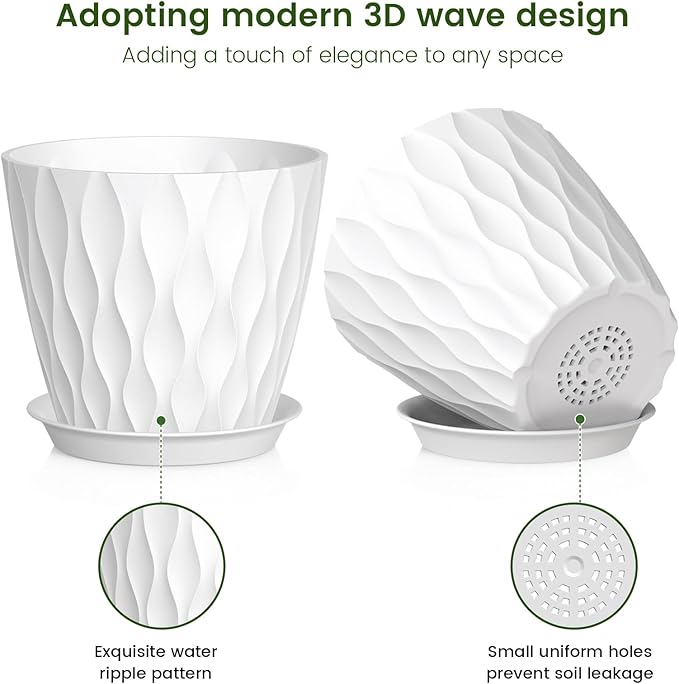 7 inch Plant Pots for Indoor Outdoor Plants, 5 Pack Thick Nursery Pots with Drainage Holes and Saucers, 3D Modern Wave Texture Plastic Planter Pots for Flowers and House Plants, Multicolor
