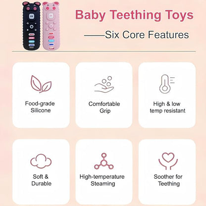 2Pcs Baby Teething Toys, BPA-Free Food Grade Silicone Baby Remote Control Teething Toy for 3-18 Months, Baby Remote Teether, Newborn Teething Relief TV Remote Pig Shaped Toy (Pig Black&Pink)