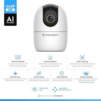 Amcrest 4MP WiFi Camera Indoor Camera, Sound & Baby Monitor, Human & Pet Detection, Motion-Tracking, w/ 2-Way Audio, Phone App, Pan/Tilt Wireless IP, Night Vision, Smart Home ASH41-W
