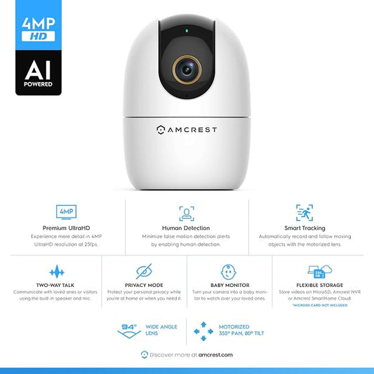 Amcrest 4MP WiFi Camera Indoor Camera, Sound & Baby Monitor, Human & Pet Detection, Motion-Tracking, w/ 2-Way Audio, Phone App, Pan/Tilt Wireless IP, Night Vision, Smart Home ASH41-W