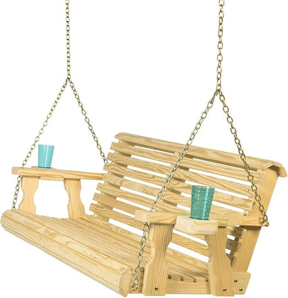 Amish Casual 4 Foot Roll Back Porch Swing with Cup Holders in Unfinished - Amish Made in The USA from Treated Pine Heavy Duty 700 Lb. Weight Capacity