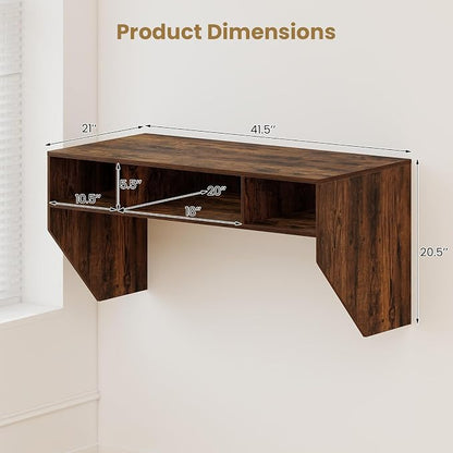 Giantex Wall-Mounted Computer Desk, Floating Laptop Desk with 3 Storage Compartments, Space-Saving Home Office Workstation Vanity Table for Bedroom, Study, Living Room (Rustic Brown)