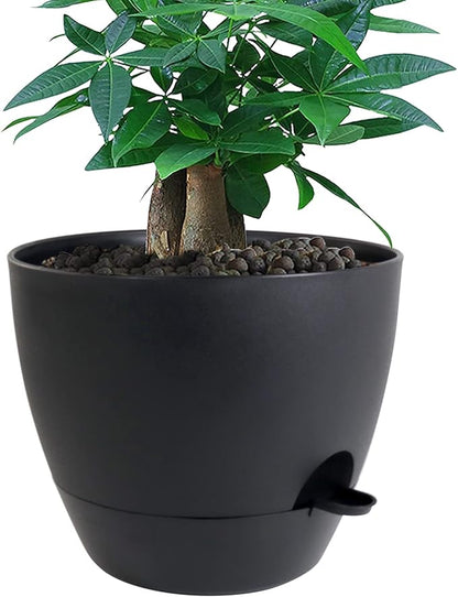 12 inch Large Self Watering Pots, Plastic Planters with 60oZ Removable Deep Reservoir and Multi Mesh Drainage Holes for Indoor Outdoor Garden Plants and Flowers, Black