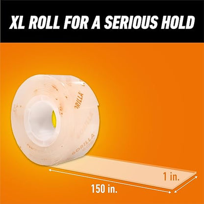 Gorilla Invisible Hold Mounting Tape, 1" x 150" (Pack of 4), Holds up to 15 lbs, Clear Double-Sided Tape for Strong, Permanent Bond, Discreet Adhesive for Classroom and Study Space Setup