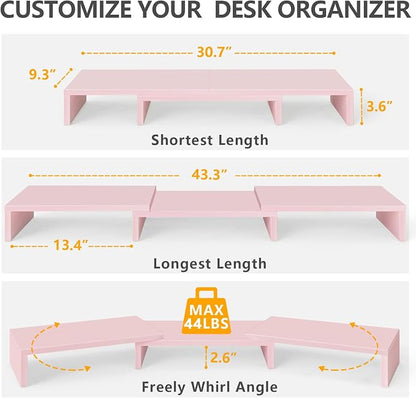 TAVR Dual Monitor Stand Riser, Wooden Computer Monitor Stand for 2 Monitors | Extra Long Multifunctional Desktop Organizer Riser for TV, PC Monitor, Laptop, Printer, Max 43.3" Length, Pink