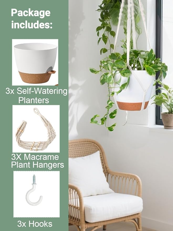 Set of 3 Hanging Planters for Indoor Plants with 10"/8"/7" Self-Watering Hanging Pots, Hanging Plant Pots with Drainage, 3 Different Size Macrame Plant Hangers with Hooks White Large