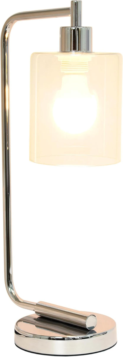 Simple Designs LD1036-CHR-LB 18.8" Industrial Bronson Antique Style Iron Lantern Desk Table Lamp with Glass Shade for Home Décor, Office, Living Room, Bedroom, Chrome, with Feit LED Bulb Included