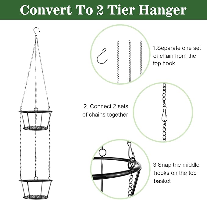 ARTORA 2 Pack Metal Plant Hanger, Modern Plant Hanging Basket Decorative Black Plant Pot Holder Flower Planter Hanging Chain for Balcony Porch Indoor Outdoor Home Decor (Black 2PCS)