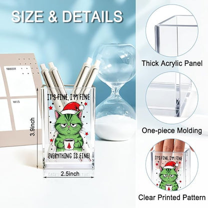 It's Fine I'm Fine Everything Is Acrylic Makeup Brush Pencil Holder Cup, Funny Cat Pen Holder Gifts For Friends HR Nurse, Christmas Office Gifts for Women Coworker, Pencil Cup for Desk