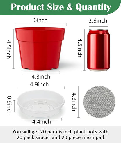 20 Pack 6 Inch Plant Pots, Thickened Plastic Flower Pots with 20 Pcs Water Collecting Trays, 20 Soil Block Mesh Pads, Red
