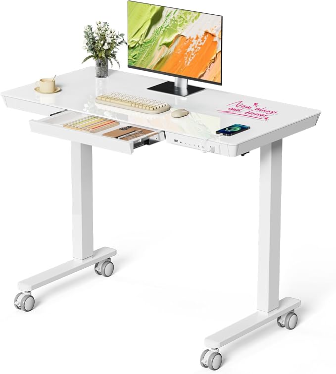 40" Glass Standing Desk with Drawer, Electric Stand up Desk | Height Adjustable Desk with One-Piece Tabletop & USB Charging Ports, Sit Stand Desk with Storage for Home Office, White