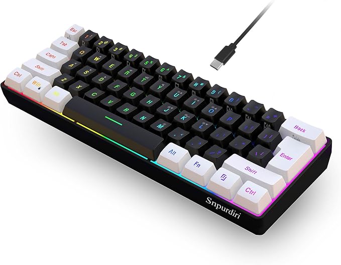 Snpurdiri 60% Wired Gaming Keyboard, Small RGB Backlit Membrane Gaming Keyboard, Ultra-Compact Mini Waterproof Keyboard for PC Computer Gamer White and Black | Backlit Small Membrane Gaming Keyboard for PC Computer Gamer