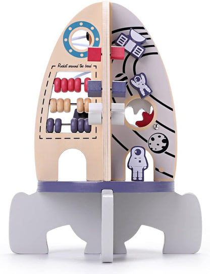 Wdmiya Space Wooden Activity Cube Toys for Baby, Montessoritoys for 1 Year Old Boy & Girl Birthday Gifts, Sensory and Educational 1st Birthday Gifts, Busy Board Toys for Baby Boy 6-18 Months (Rocket)