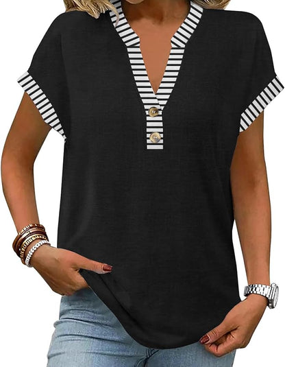Womens Henley Summer Tops V Neck Button Dressy Casual T Shirts Blouses | Breathable, V-Neck Button, Striped, Loose Fit, Business Casual, Office, Vacation, Spring Summer Tops, Basic Shirts