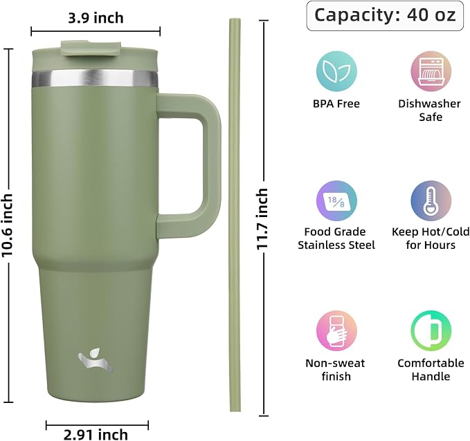 Konokyo 40 oz Insulated Tumbler Water Bottle with Handle, Straw Lid | BPA-free and dishwasher safe; made for gym, travel, coffee and gifting, 2 straws, cup holder friendly,Army Green