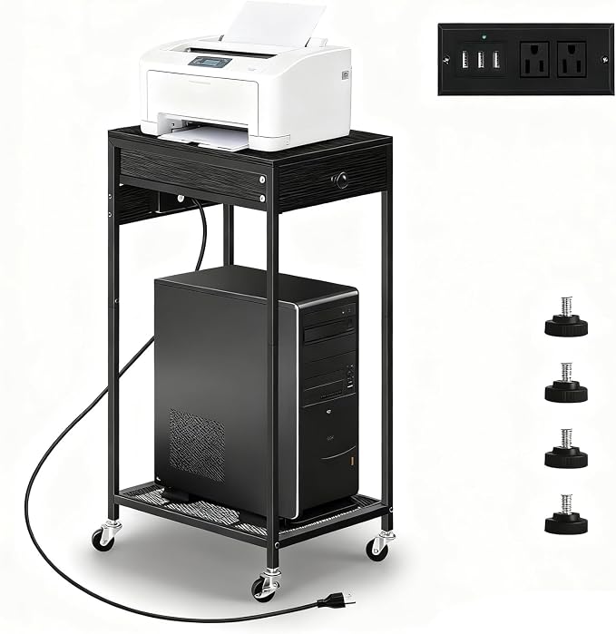 Vrisa Printer Stand with Storage Drawer Small Printer Table Cart with Wheels and Charging Station Home Mobile Computer PC Tower Label Printer Shelf Shredder Stands for Home Office, Black