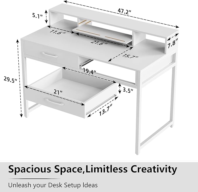Computer Desk with Drawers, 47" Home Office Desk with Monitor Shelf, Writing Desk with Storage, Gaming Desk Work Desk Study Desk for Bedroom, White
