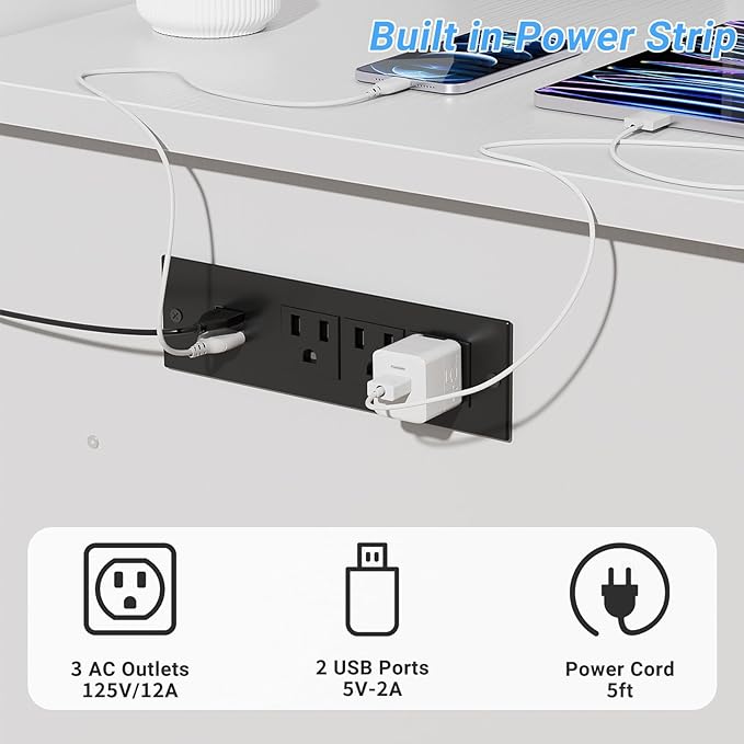 Reversible Computer Desk with File Drawers, 55 Inch Office Desk with RGB LED Light and Power Outlet, Sturdy Writing Desk with Keyboard Tray, Modern Study Table for Workstation Bedroom, White
