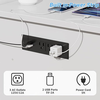 Reversible Computer Desk with File Drawers, 55 Inch Office Desk with RGB LED Light and Power Outlet, Sturdy Writing Desk with Keyboard Tray, Modern Study Table for Workstation Bedroom, White