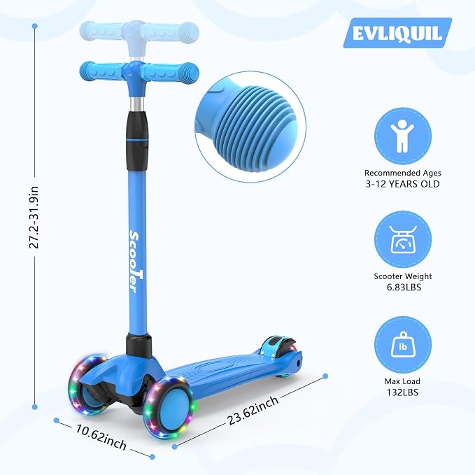 Kids Scooter,Lighted Wheels and 3 Adjustable Height Handlebars Scotters for Kids 3-12,3 Wheel Toddler Kick Scotter for Boys & Girls up to 132 Lbs.