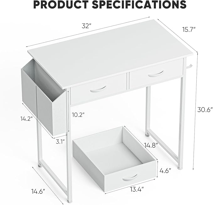 DUMOS 32" Home Office Computer Desk with Drawers, Small Gaming Writing Study Table with Storage Side Bag, Headphone Hook and Adjustable Feet for Bedroom White | Home Office Desk for Bedroom, Gaming Writing Study Desk with Adjustable Feet