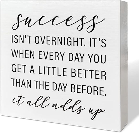 Home Office Desk Wooden Box Sign Decor, Success Isn't Overnight, Inspirational Quotes Desk Decor Motivational Desk Decorations for Women Men Student Office Classroom School