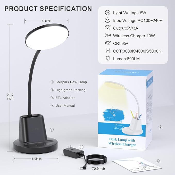 comzler LED Desk Lamp with Wireless Charger Pen Phone Holder, Black Desk Lamp for Home Office, Dimmable Desk Light 3 Color Modes, College Dorm Study Lamp for College Dorm, CRI 90 800 Lumen