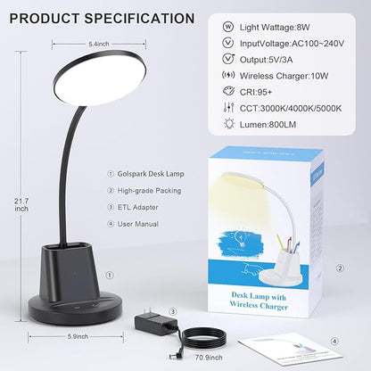 comzler LED Desk Lamp with Wireless Charger Pen Phone Holder, Black Desk Lamp for Home Office, Dimmable Desk Light 3 Color Modes, College Dorm Study Lamp for College Dorm, CRI 90 800 Lumen