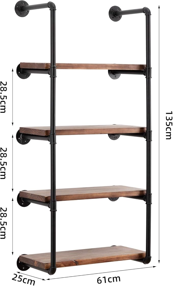 Industrial Wall Mounted Pipe Shelving,Rustic Metal Floating Shelves,Steampunk Real Wood Bookcases,DIY Bookshelf Hanging Shelves,Farmhouse Kitchen Bar Office Home Storage (5-Tier with 4 Boards,24in)