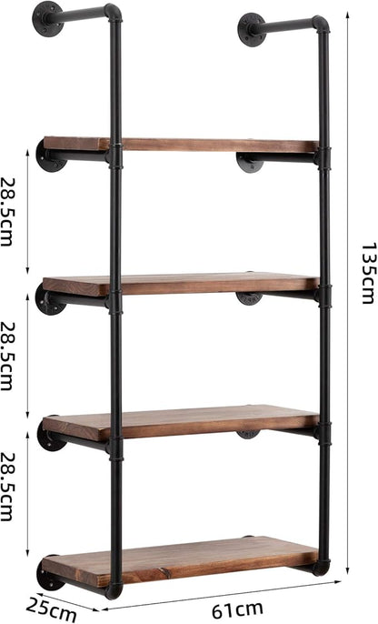 Industrial Wall Mounted Pipe Shelving,Rustic Metal Floating Shelves,Steampunk Real Wood Bookcases,DIY Bookshelf Hanging Shelves,Farmhouse Kitchen Bar Office Home Storage (5-Tier with 4 Boards,24in)