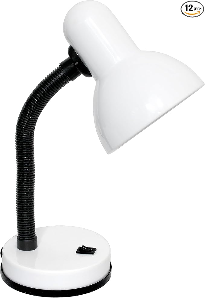 Simple Designs LD1003-WHT-12PK Basic Metal Desk Lamp 12 Pack Set with Flexible Hose Neck for Office, Bedroom, College Dorm, Bookshelf, White, 12 Pack
