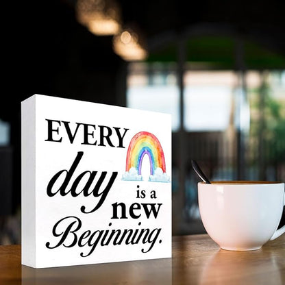 Positive Wood Box Sign Desk Decor,Every Day is a Fresh Beginning Wood Plaque Signs,Rustic Inspirational Wooden Block Sign Decor for Home Office Shelf Table Decoration C1076