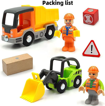 Wooden Train Cars Track Accessories Set Digger and Dump Truck Small Vehicles Magnetic Train Cars Fit for Wooden Train Track Railway for Boys and Girls (Construction Set)
