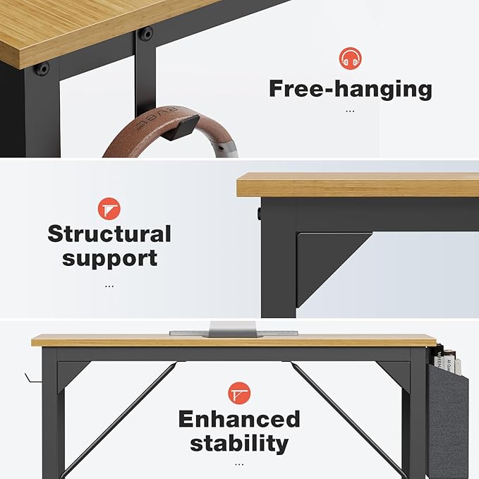 OLIXIS Computer Small Desk 32 Inch Home Office Writing Study Work Storage Bag Headphone Hooks Simple Wood Kids Student Table, Modern Nature