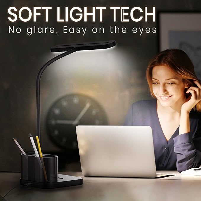AXX Desk Lamp for College Dorm Room, School Study Supplies for Teens Kids, Office Desk Lights with Organizer/Storage, Desktop Lamp for Bedroom, LED, Small, Black, Pen Holder, Gooseneck