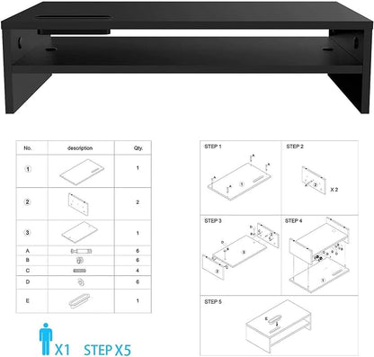 BONTEC Wood Monitor Stand Riser, 2-Tier Desktop Organizer with Storage, Ergonomic Computer Stand for Desk, Cable Management, Cellphone Holder, 21.3 Inch Shelf, Black | Ergonomic Computer Stand for Desk, Cable Management, Cellphone Holder, 21.3 Inch She...