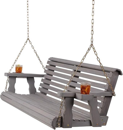Amish Casual 5 Foot Roll Back Porch Swing with Cup Holders in Semi-Solid Grey Stain - Amish Made in The USA from Treated Pine Heavy Duty 700 Lb. Weight Capacity