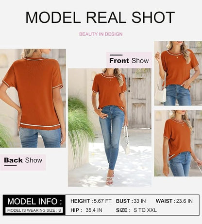 SHEWIN Womens Tops Trendy Short Sleeve Shirts Crewneck Lightweight Knit Sweater Top Business Casual Outfits