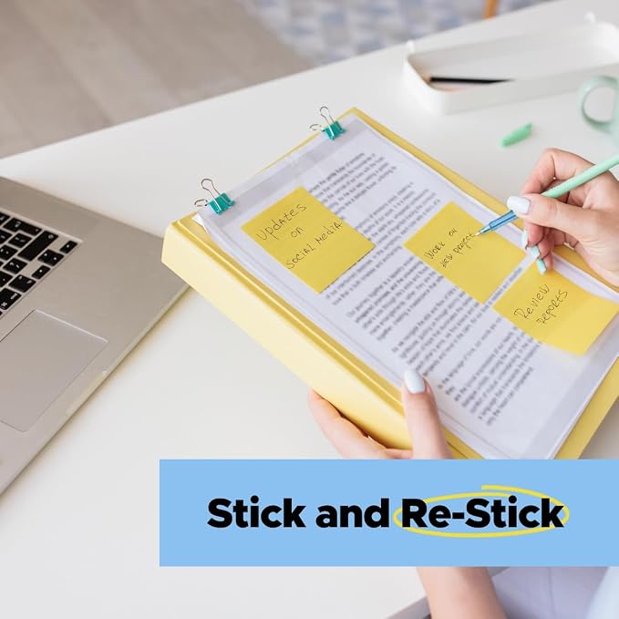 Post-it 100% Recycled Super Sticky Notes, 3 x 3 in, Canary Yellow, 5 Pads