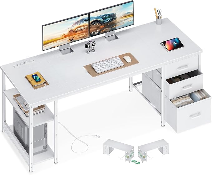 AODK 63 Inch Computer Desk with Drawers & USB Power Outlets | Reversible Home Office Desk with Storage Shelves, Work from Home, Modern Work/Writing/Study Table for Bedroom, White