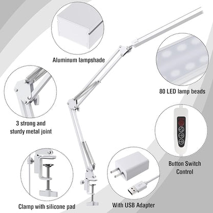LED Desk Lamp with Clamp and Round Base,Eye Caring Table Lamp with Swing Arm,3 Color Modes 10 Brightness Levels,Memory Function,Desk Light for Home Office with USB Adapter White-14W