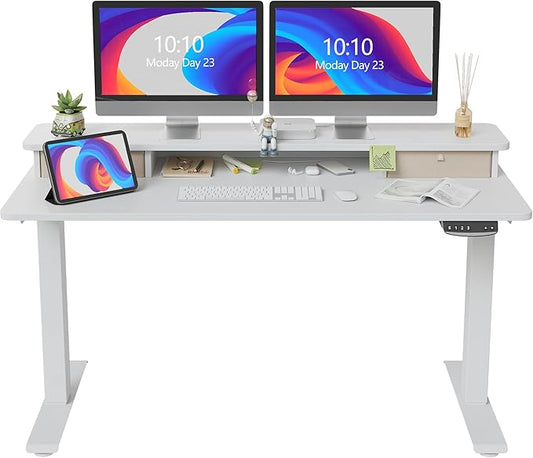 FEZIBO 55 x 24 Inch Height Adjustable Electric Standing Desk with Double Drawer, Stand Up Desk with Storage Shelf, Sit Stand Desk, White