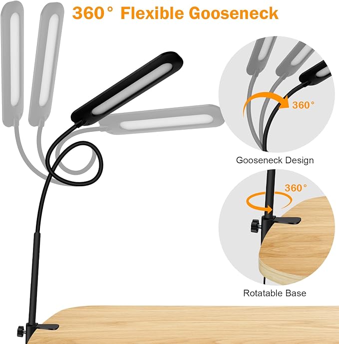 LED Desk lamps with Clamp for Home Office,High Brightness,3 Color Temperatures and Dimmable Clip On Desk Light,Flexible Gooseneck Desk Lamp with USB Adapter,Black