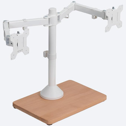 VIVO Dual Monitor Desk Stand for 13 to 32 inch Screens, STAND-V002FD-W | Articulating, Freestanding Adjustable Monitor Arm, White with Wood Base, Computer Stand for 2 Monitors, Holds 22 lbs Each