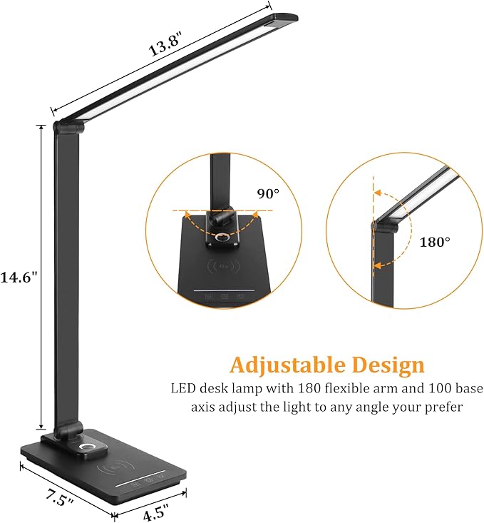 LED Desk Lamp with 10W Wireless Charger and USB Charging Port,Study Desk Lamp Reading Lamps for Office, 5 Lighting Modes, Full Dimmable Levels, Touch Control