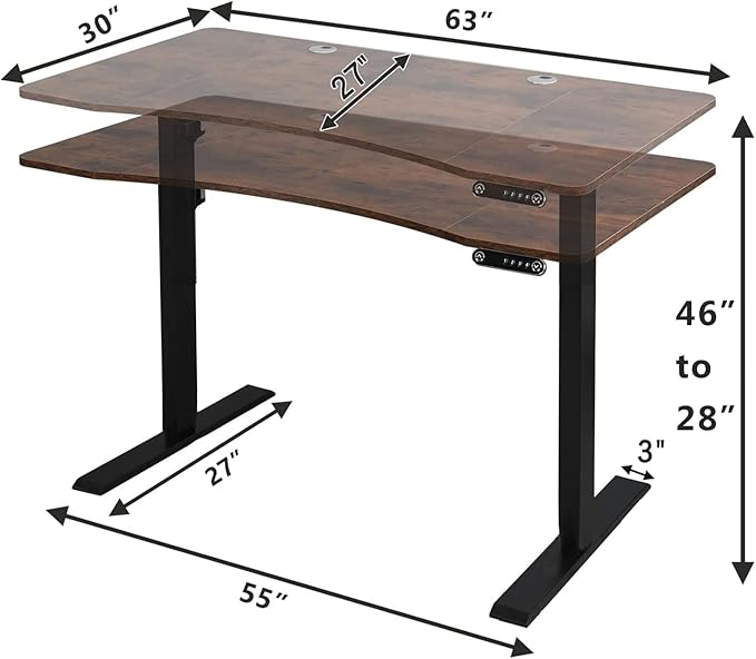 Dual Motor Electric Standing Desk - 63 x 30 Inch Adjustable Height Sit Stand Computer Desk with Splice Board, Stand Up Desk Table for Home Office, Rustic Brown Top(with Radian)