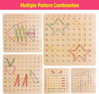 Wooden Geoboard with Pattern Cards & Rubber Bands, Montessori STEM Educational Toy for Kids 3-5 5-8 Years Old, Brain Teaser Puzzle Game for Geometry Learning and Creative Shapes